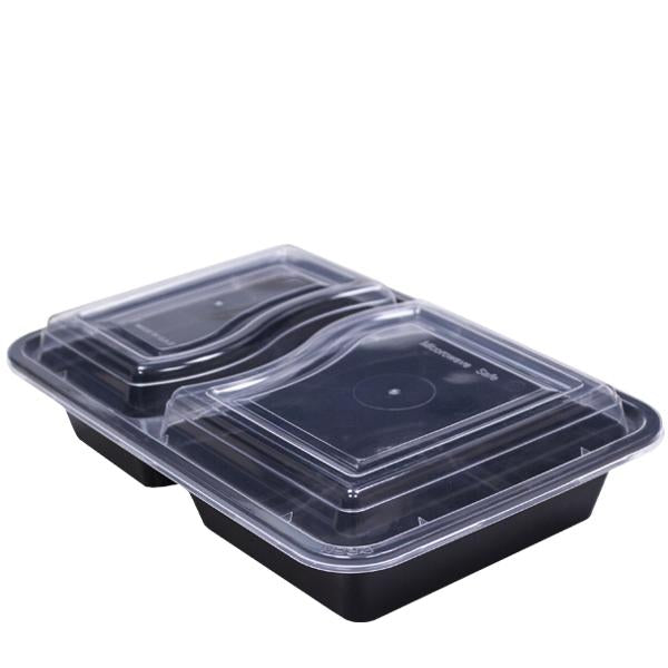 H Pack Container 2 Compartment / Clear Lids / 150 Containers Black Base Microwavable 2 Compartment